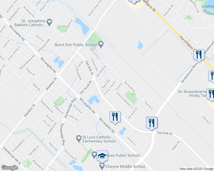 map of restaurants, bars, coffee shops, grocery stores, and more near 19 Stable Gate in Brampton