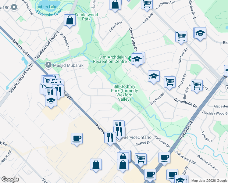 map of restaurants, bars, coffee shops, grocery stores, and more near 6 Coronation Circle in Brampton