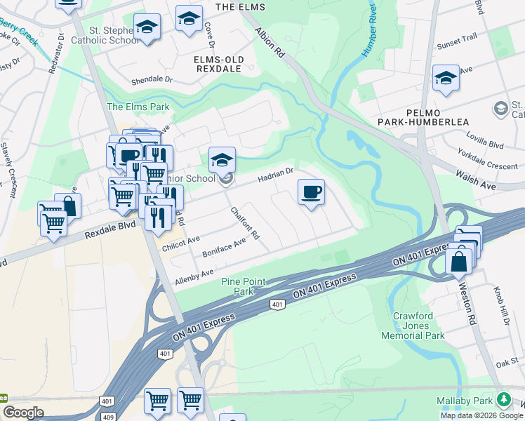 map of restaurants, bars, coffee shops, grocery stores, and more near 27 Hatfield Crescent in Toronto