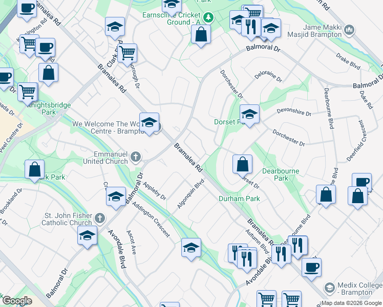 map of restaurants, bars, coffee shops, grocery stores, and more near 58 Darras Court in Brampton