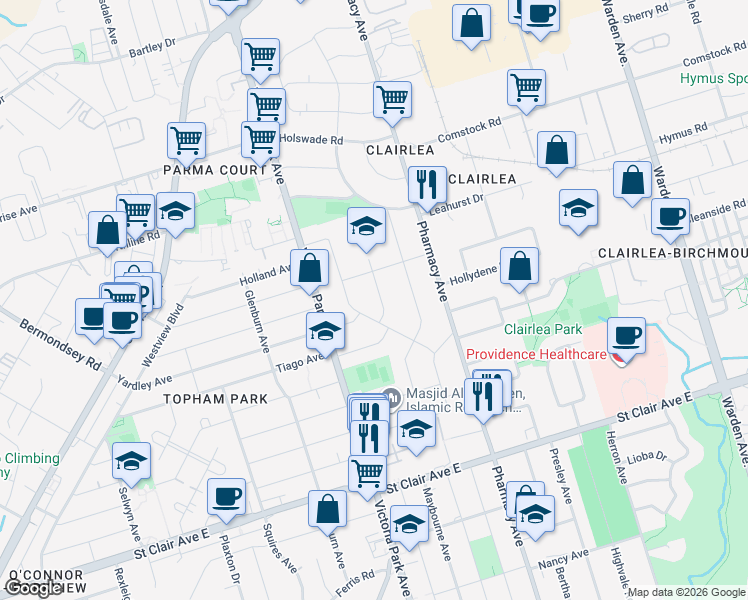 map of restaurants, bars, coffee shops, grocery stores, and more near in Toronto