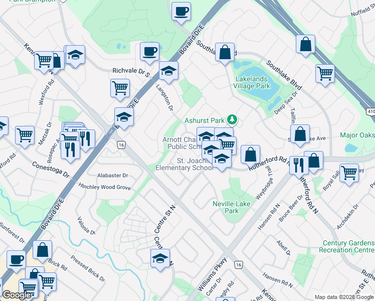 map of restaurants, bars, coffee shops, grocery stores, and more near 39 Hockley Path in Brampton