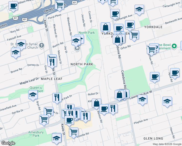 map of restaurants, bars, coffee shops, grocery stores, and more near 8 Circle Ridge in Toronto