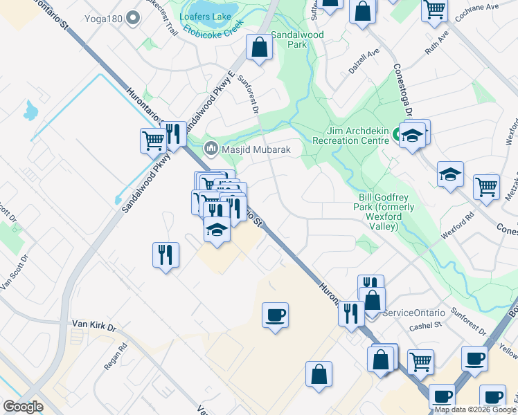map of restaurants, bars, coffee shops, grocery stores, and more near 22 Helios Place in Brampton