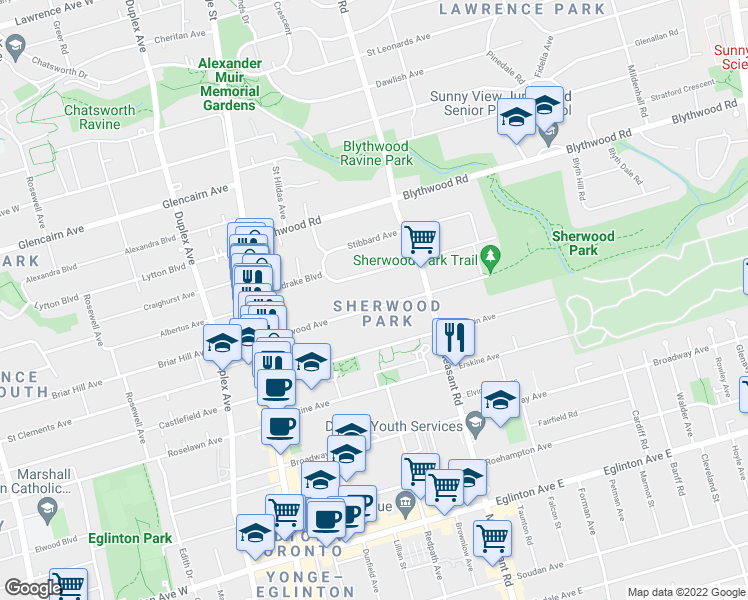 map of restaurants, bars, coffee shops, grocery stores, and more near 94 Sherwood Avenue in Toronto