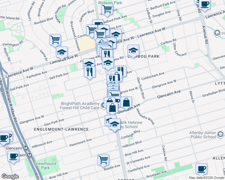 map of restaurants, bars, coffee shops, grocery stores, and more near 2895 Bathurst Street in Toronto