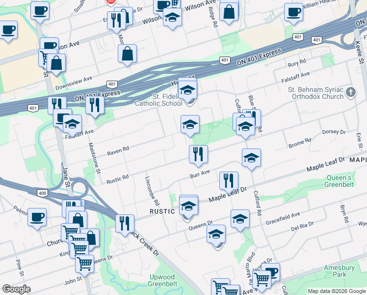 map of restaurants, bars, coffee shops, grocery stores, and more near 51 Mangrove Road in Toronto