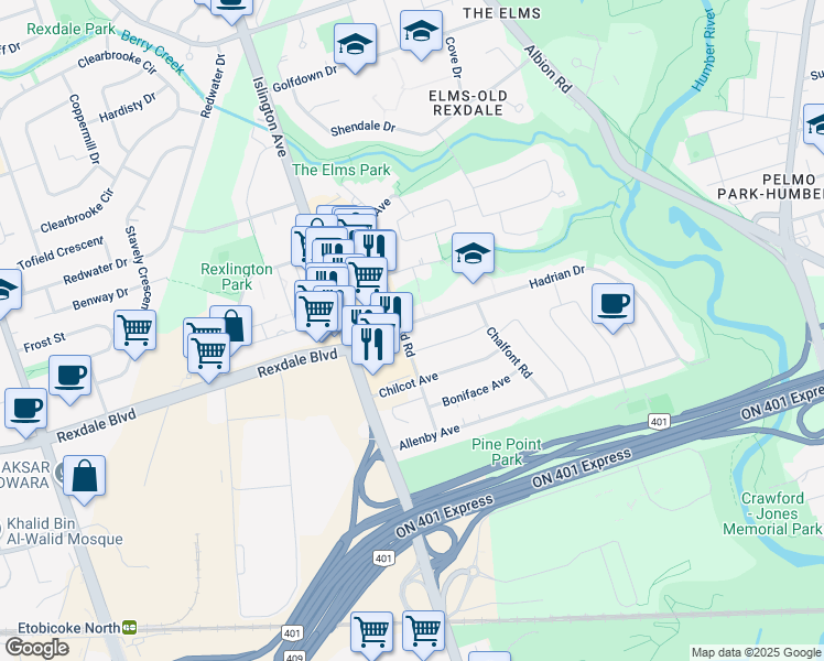 map of restaurants, bars, coffee shops, grocery stores, and more near 31 Hadrian Drive in Toronto