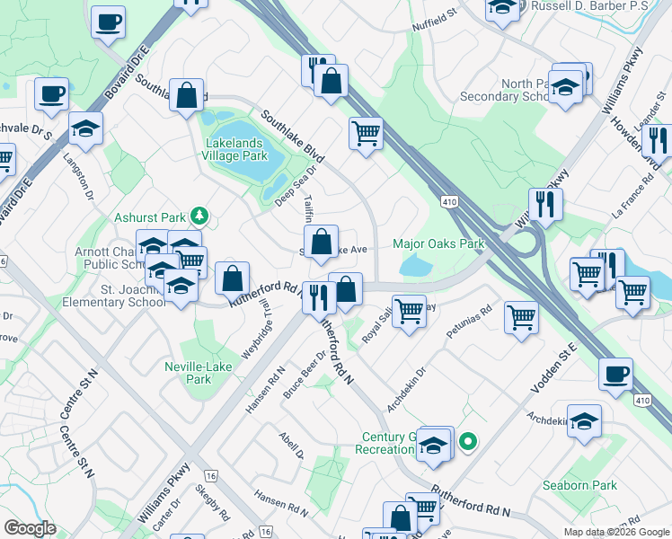 map of restaurants, bars, coffee shops, grocery stores, and more near Fishing Crescent in Brampton