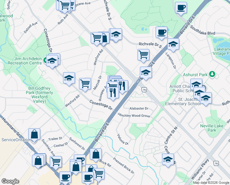 map of restaurants, bars, coffee shops, grocery stores, and more near 380 Bovaird Drive East in Brampton