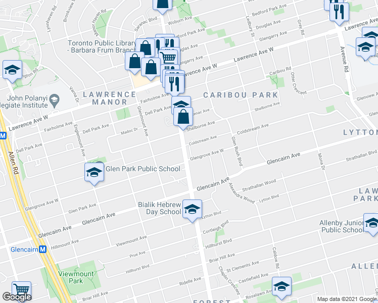 map of restaurants, bars, coffee shops, grocery stores, and more near 2895 Bathurst Street in Toronto