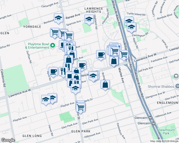 map of restaurants, bars, coffee shops, grocery stores, and more near 760 Lawrence Avenue West in Toronto