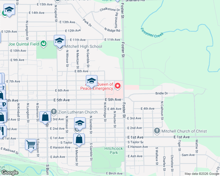 map of restaurants, bars, coffee shops, grocery stores, and more near 500-598 North Kittridge Street in Mitchell