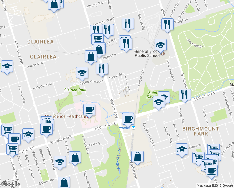 map of restaurants, bars, coffee shops, grocery stores, and more near 25 Mendelssohn Street in Toronto
