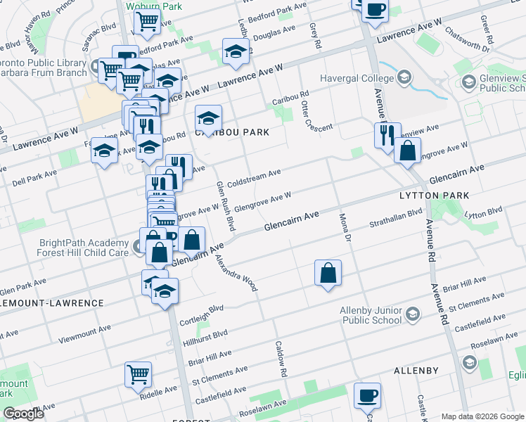 map of restaurants, bars, coffee shops, grocery stores, and more near in Toronto