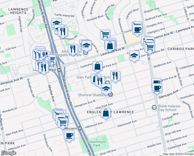 map of restaurants, bars, coffee shops, grocery stores, and more near 7 Meadowbrook Road in Toronto