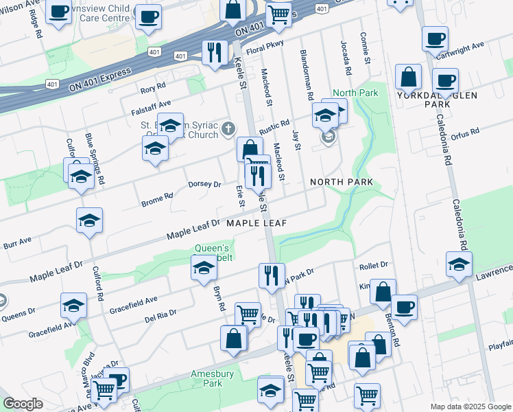 map of restaurants, bars, coffee shops, grocery stores, and more near in Toronto