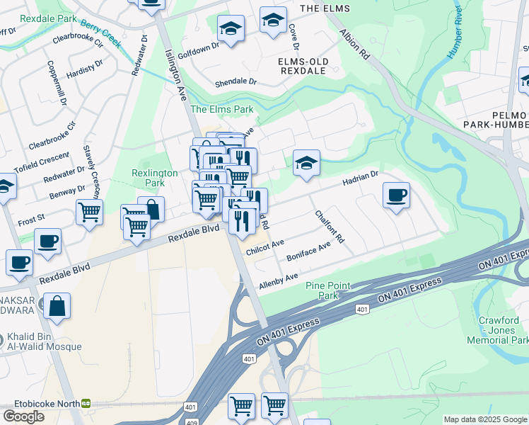 map of restaurants, bars, coffee shops, grocery stores, and more near in Toronto
