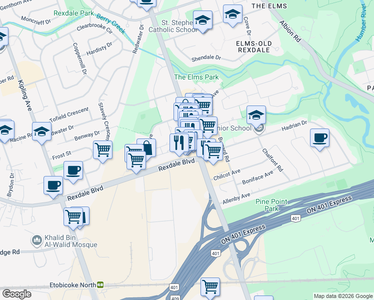 map of restaurants, bars, coffee shops, grocery stores, and more near in Toronto