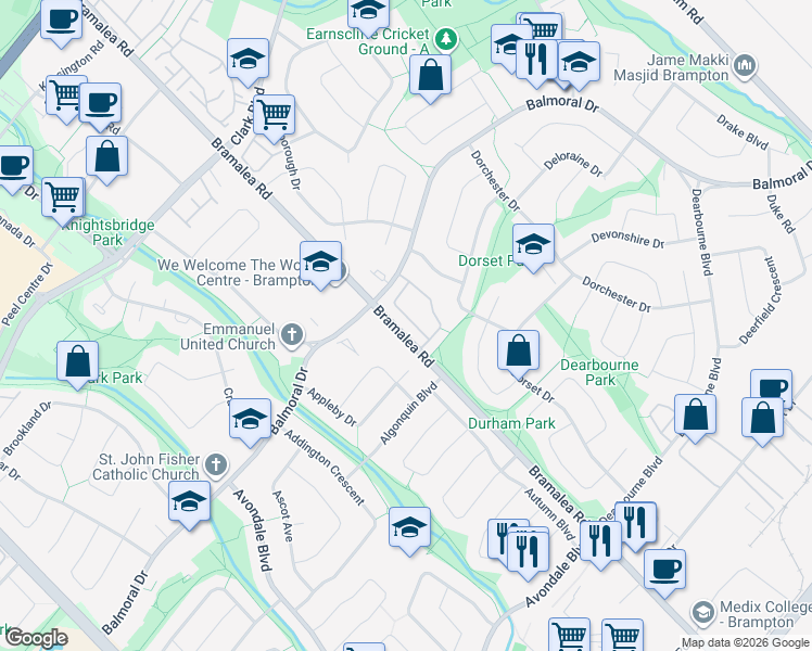 map of restaurants, bars, coffee shops, grocery stores, and more near 58 Darras Court in Brampton