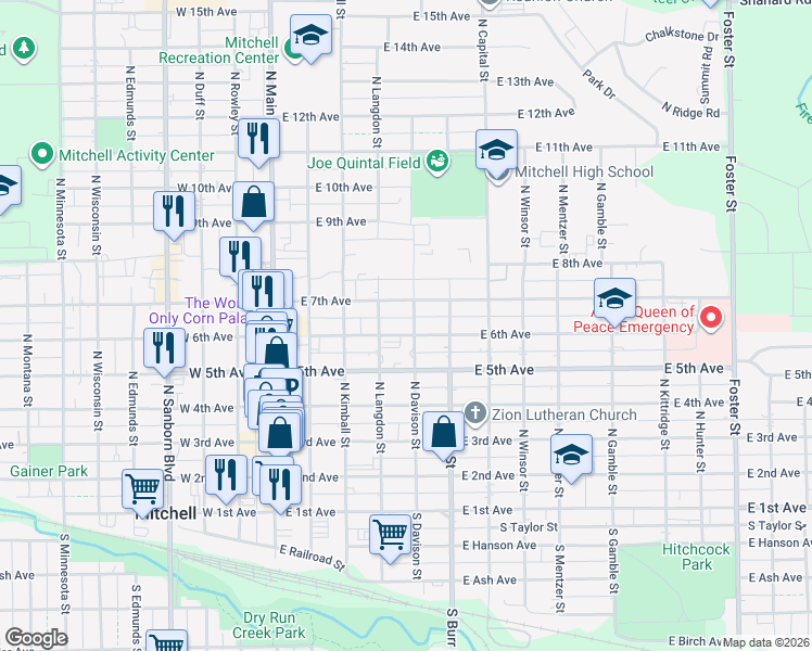 map of restaurants, bars, coffee shops, grocery stores, and more near 410 East 6th Avenue in Mitchell