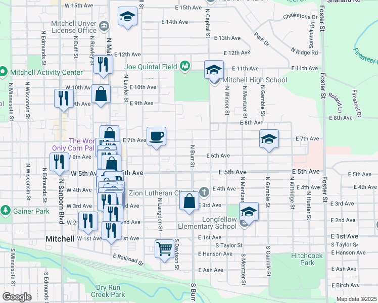 map of restaurants, bars, coffee shops, grocery stores, and more near 520 East 6th Avenue in Mitchell