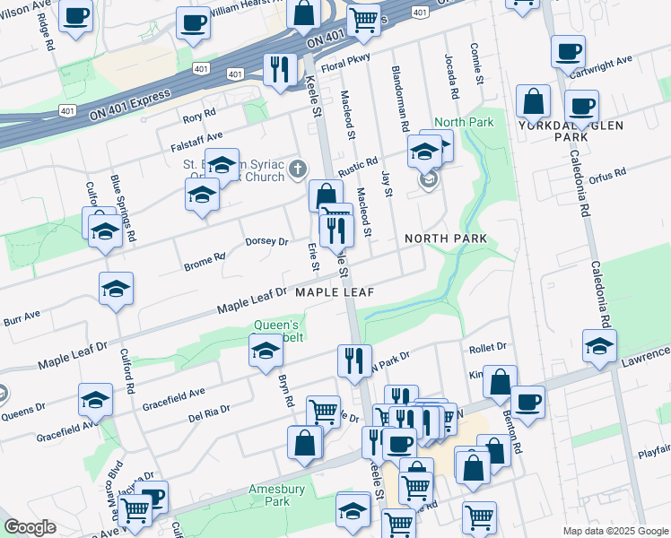 map of restaurants, bars, coffee shops, grocery stores, and more near in Toronto