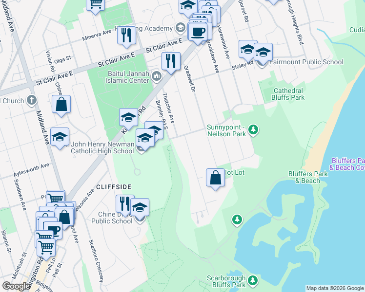 map of restaurants, bars, coffee shops, grocery stores, and more near 60 Larwood Boulevard in Toronto