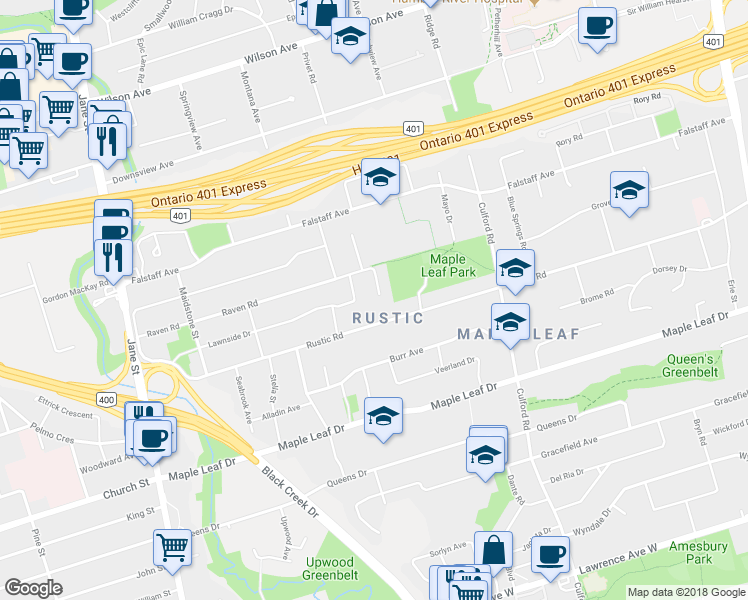map of restaurants, bars, coffee shops, grocery stores, and more near 51 Mangrove Road in Toronto
