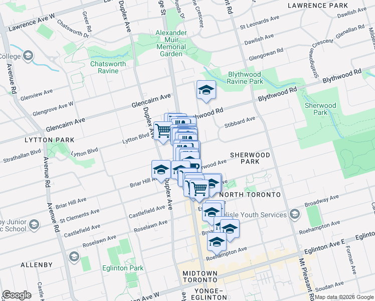 map of restaurants, bars, coffee shops, grocery stores, and more near 2615 Yonge Street in Toronto