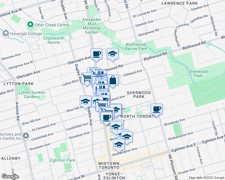 map of restaurants, bars, coffee shops, grocery stores, and more near 65 Sheldrake Boulevard in Toronto