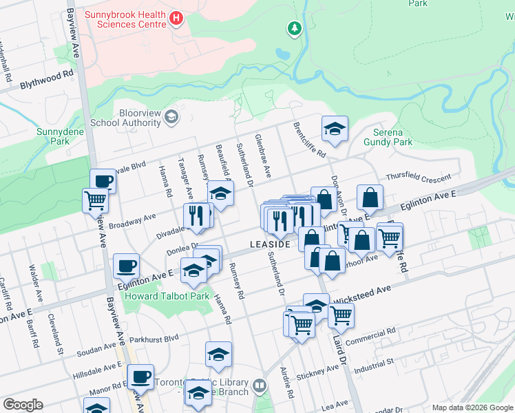 map of restaurants, bars, coffee shops, grocery stores, and more near Divadale Drive in Toronto