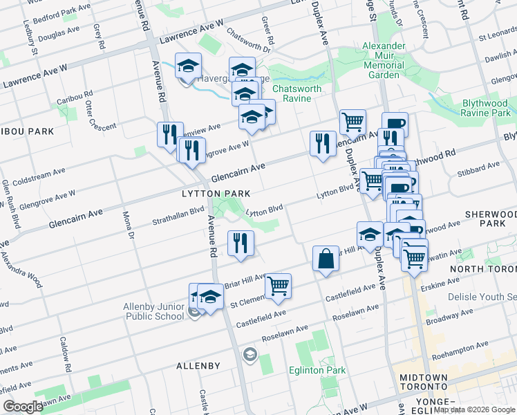 map of restaurants, bars, coffee shops, grocery stores, and more near 166 Lytton Boulevard in Toronto