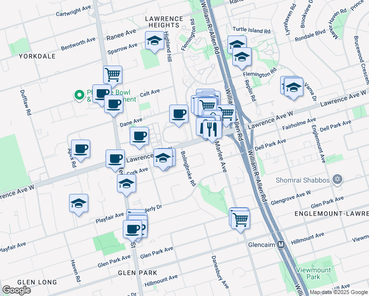 map of restaurants, bars, coffee shops, grocery stores, and more near 721 Lawrence Avenue West in Toronto