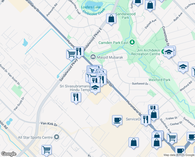 map of restaurants, bars, coffee shops, grocery stores, and more near 1 Fisherman Drive in Brampton
