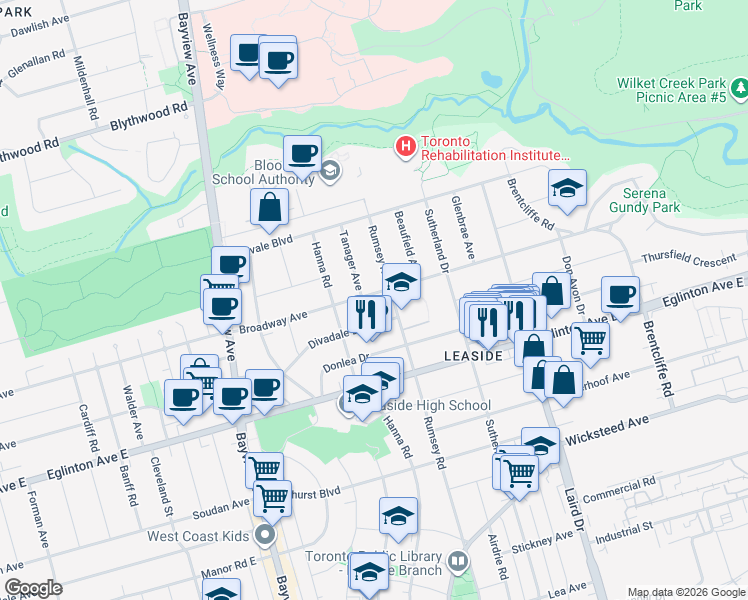 map of restaurants, bars, coffee shops, grocery stores, and more near 477 Broadway Avenue in Toronto