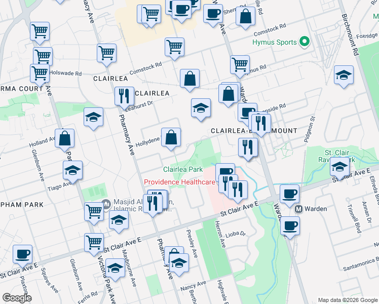 map of restaurants, bars, coffee shops, grocery stores, and more near 27 Fairfax Crescent in Toronto