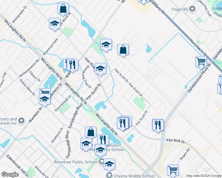 map of restaurants, bars, coffee shops, grocery stores, and more near 14 Stable Gate in Brampton