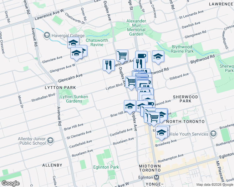 map of restaurants, bars, coffee shops, grocery stores, and more near 124 Craighurst Avenue in Toronto
