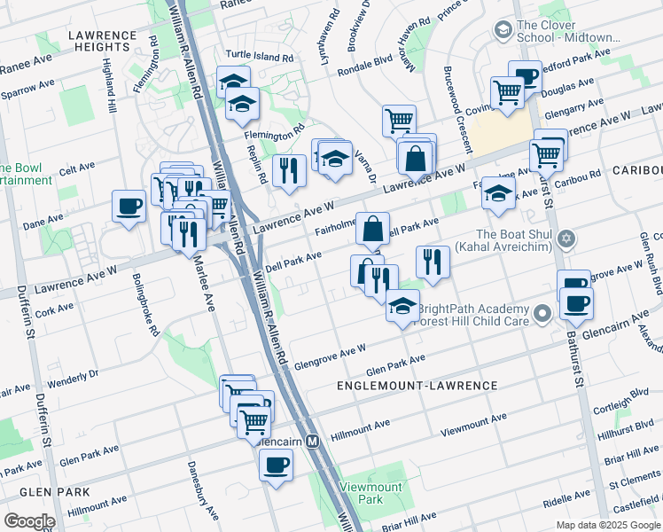 map of restaurants, bars, coffee shops, grocery stores, and more near in Toronto