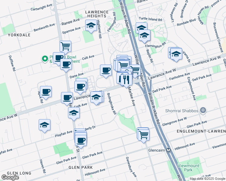map of restaurants, bars, coffee shops, grocery stores, and more near in Toronto