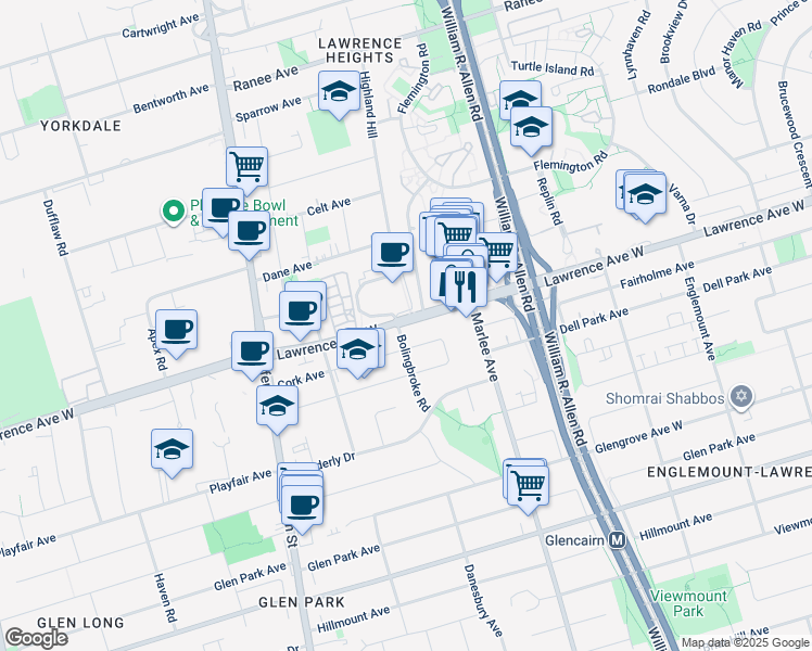 map of restaurants, bars, coffee shops, grocery stores, and more near in Toronto