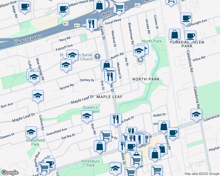 map of restaurants, bars, coffee shops, grocery stores, and more near 2522 Keele Street in Toronto