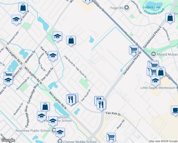 map of restaurants, bars, coffee shops, grocery stores, and more near 50 Sunny Glen Crescent in Brampton