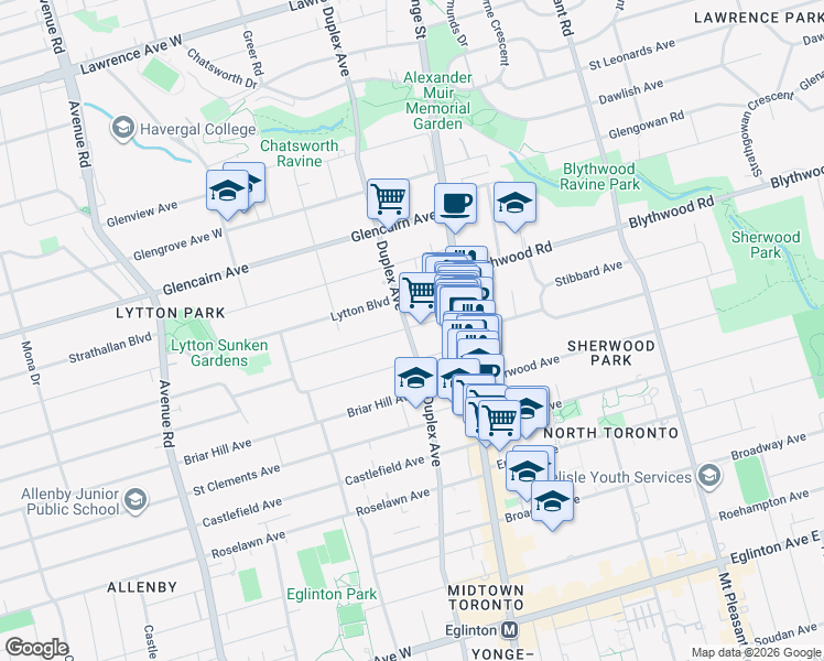 map of restaurants, bars, coffee shops, grocery stores, and more near 65 Craighurst Avenue in Toronto