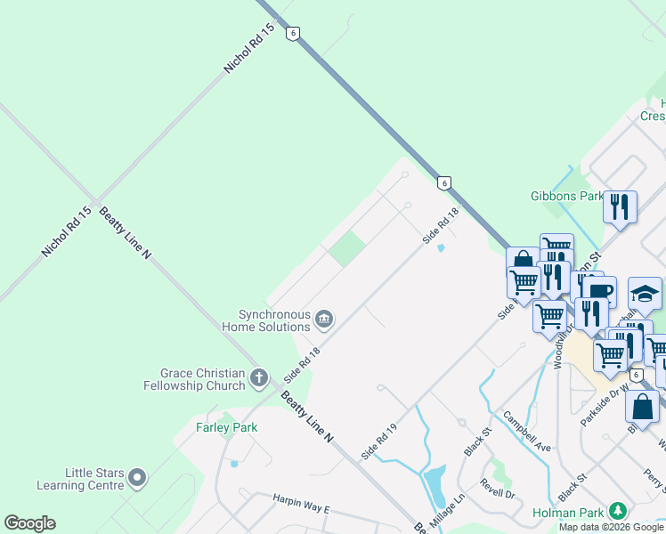 map of restaurants, bars, coffee shops, grocery stores, and more near 86 Ryan Street in Fergus