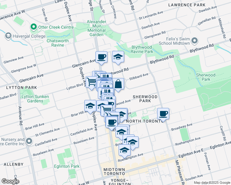 map of restaurants, bars, coffee shops, grocery stores, and more near 65 Sheldrake Boulevard in Toronto