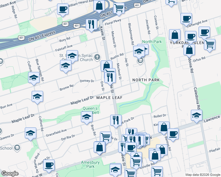 map of restaurants, bars, coffee shops, grocery stores, and more near 2522 Keele Street in Toronto