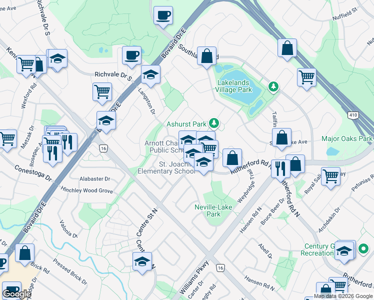 map of restaurants, bars, coffee shops, grocery stores, and more near Winterfold Drive in Brampton
