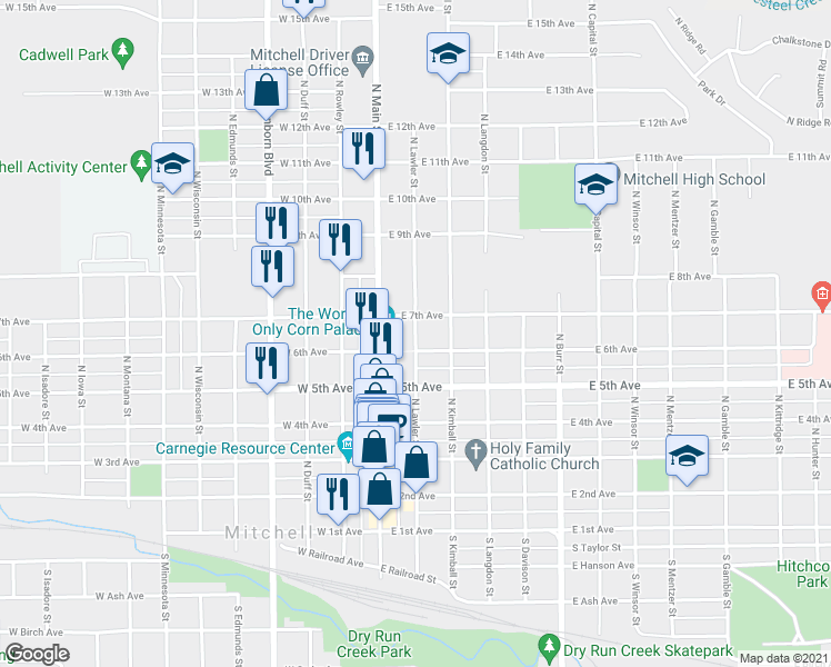 map of restaurants, bars, coffee shops, grocery stores, and more near North Lawler Street in Mitchell
